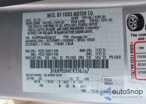 2012 Ford Fusion Sel из США, поврежденный, VIN 3FAHP0JA6CR336767